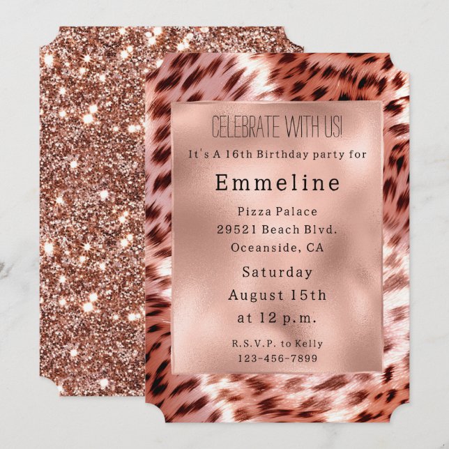 Invitación Glam Rosa Gold Fur Leopard (Anverso / Reverso)