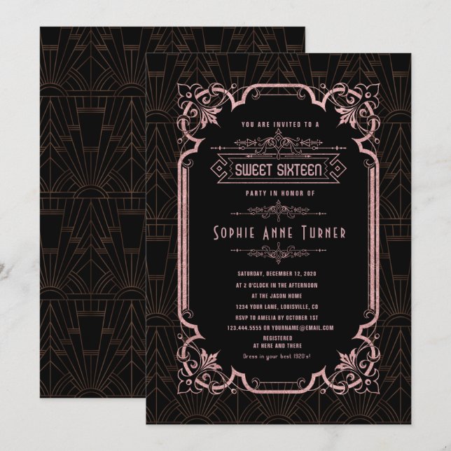Invitación Glam Rosa Gold Great Gatsby Sweet Dieciséis (Anverso / Reverso)
