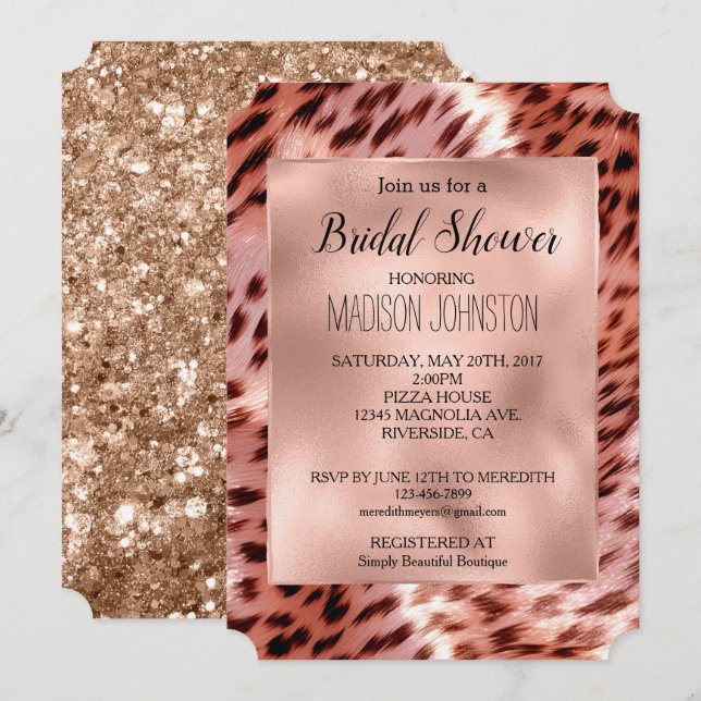 Invitación Glam Rosa Gold Leopard Animal Bridal Shower (Anverso / Reverso)