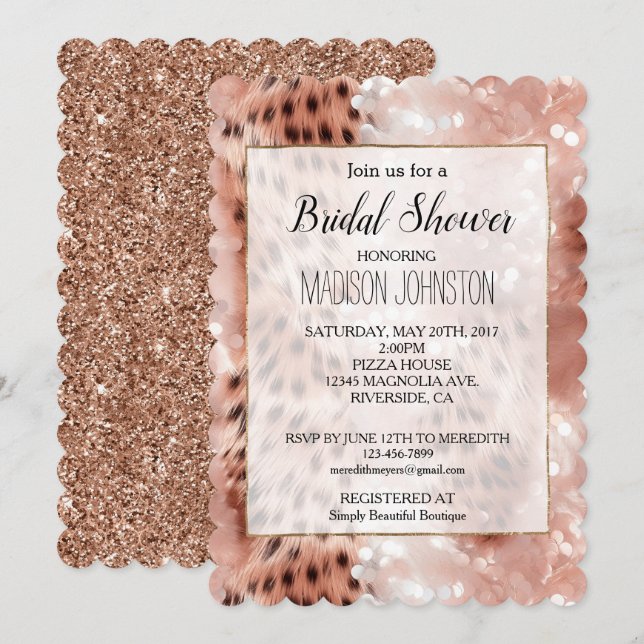 Invitación Glam Rosa Gold Leopard Bridal Shower (Anverso / Reverso)