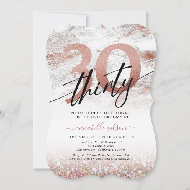 Invitación Glam Rosa Gold Marble y Purpurina 30 cumpleaños  (Anverso)