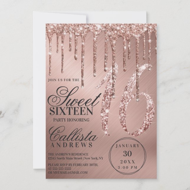 Invitación Glam Rosa Gold Metallic Purpurina Drips Dulce 16 (Anverso)