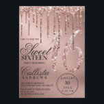 Invitación Glam Rosa Gold Metallic Purpurina Drips Dulce 16<br><div class="desc">Esta glamorosa y dulce invitación a la fiesta de 16 años es perfecta para una chica elegante y de moda. Incluye goteos falsos rosas de purpurina de oro imprimidos brillantemente sobre un fondo metálico subió de oro. La tipografía es un guión cursivo elegante con un tipo de letra serif moderno...</div>