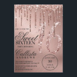 Invitación Glam Rosa Gold Metallic Purpurina Drips Dulce 16<br><div class="desc">Esta glamorosa y dulce invitación a la fiesta de 16 años es perfecta para una chica elegante y de moda. Incluye goteos falsos rosas de purpurina de oro imprimidos brillantemente sobre un fondo metálico subió de oro. La tipografía es un guión cursivo elegante con un tipo de letra serif moderno...</div>