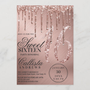 Invitación Glam Rosa Gold Metallic Purpurina Drips Dulce 16