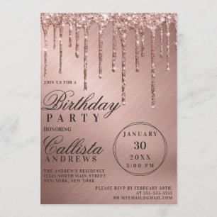 Invitación Glam Rosa Gold Metallic Purpurina Drits Cumpleaños
