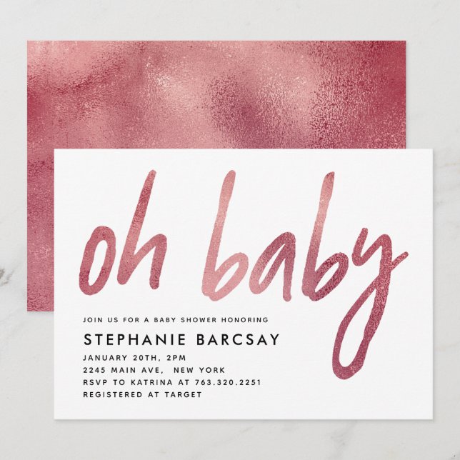 Invitación Glam Rosa Gold Moderno Oh Baby Shower (Anverso / Reverso)
