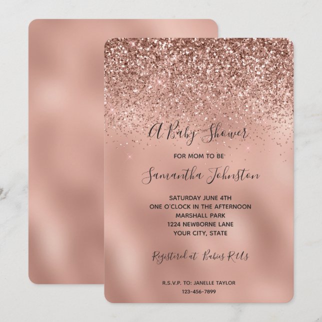 Invitación Glam Rosa Gold Purpurina Baby Shower (Anverso / Reverso)