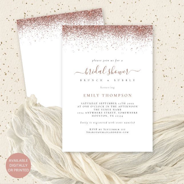Invitación Glam Rosa Gold Purpurina Bridal Shower (Front and back view)