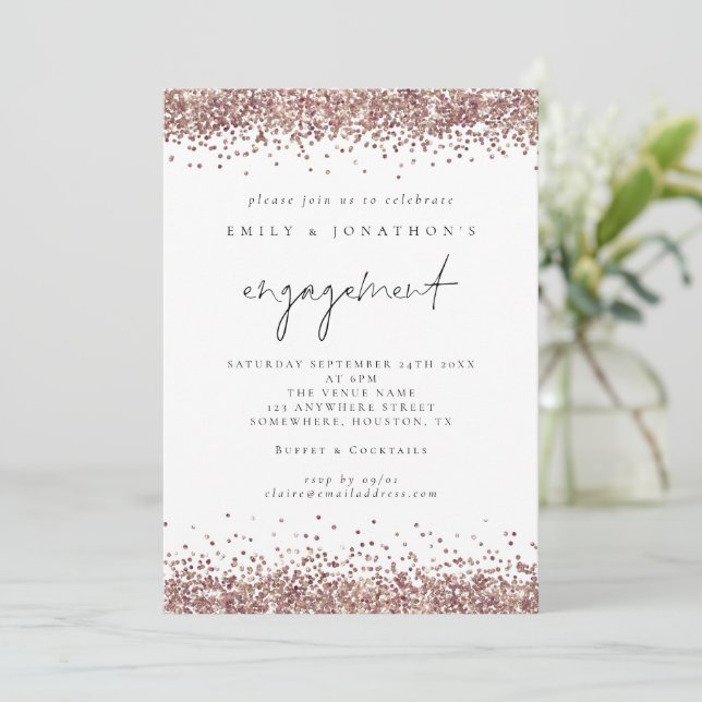 Invitación Glam Rosa Gold Purpurina Script Engagement Party (Anverso de pie)