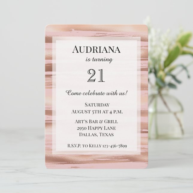 Invitación Glam Rosa Gold Rubor Stripes Cumpleaños (Anverso de pie)