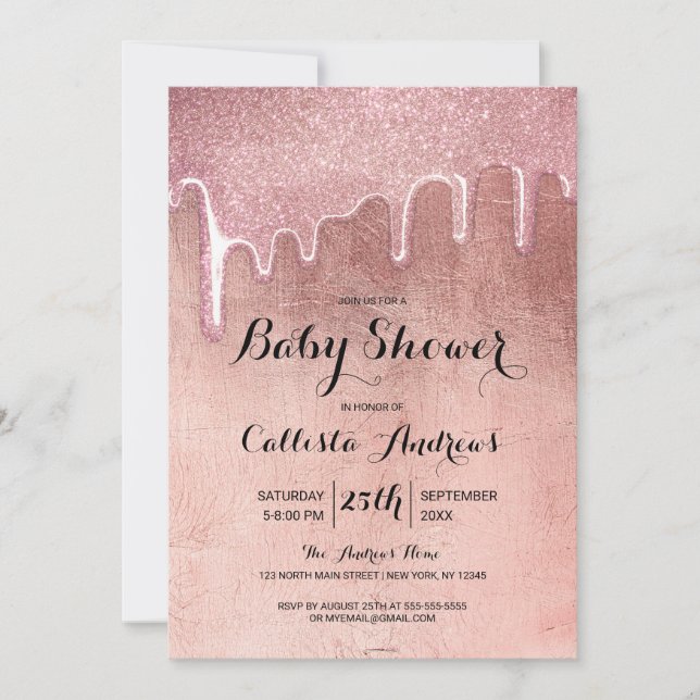 Invitación Glam Rosa Gold Thick Purpurina Drips Baby Shower (Anverso)
