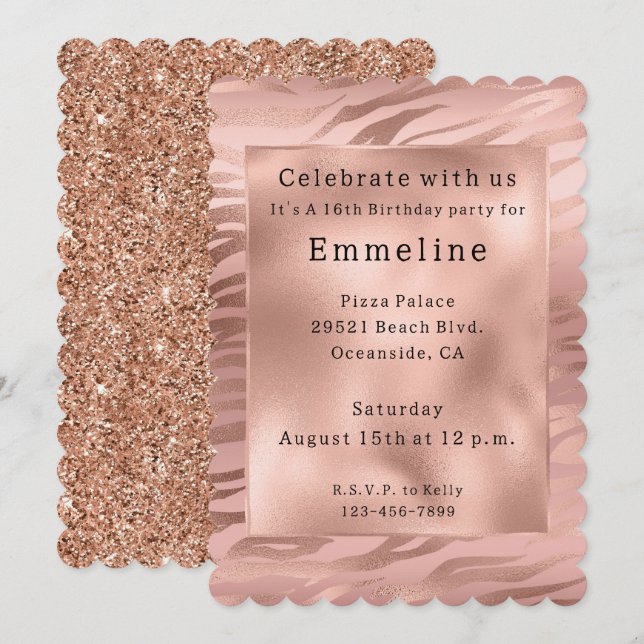 Invitación Glam Rosa Gold Zebra (Anverso / Reverso)