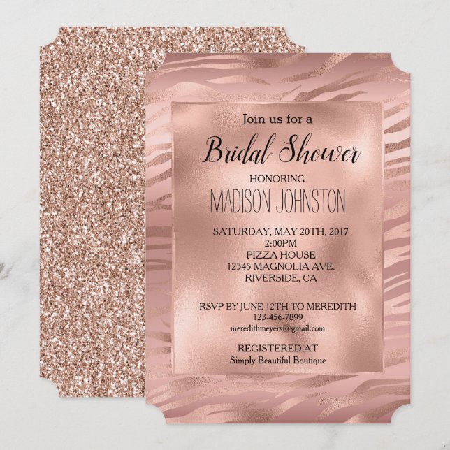 Invitación Glam Rosa Gold Zebra Purpurina (Anverso / Reverso)
