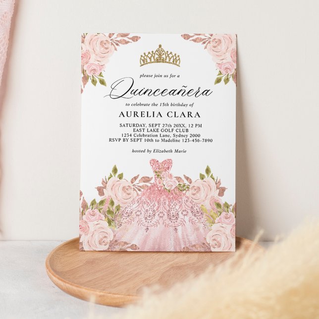 Invitación Glam Rosa Oro Vestido Rosa Floral 15ª Quinceañera (Subido por el creador)