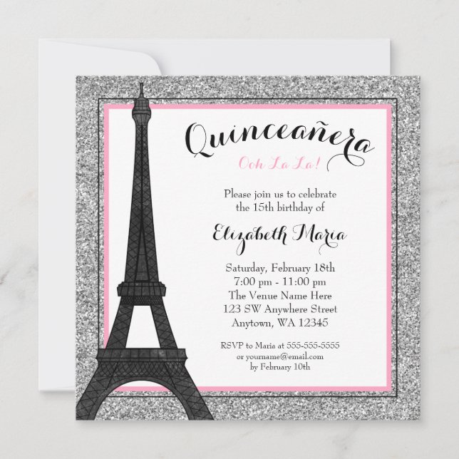 Invitación Glam Rosa París Purpurina de Plata Faux Quinceaner (Anverso)