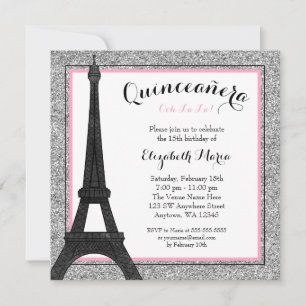 Invitación Glam Rosa París Purpurina de Plata Faux Quinceaner