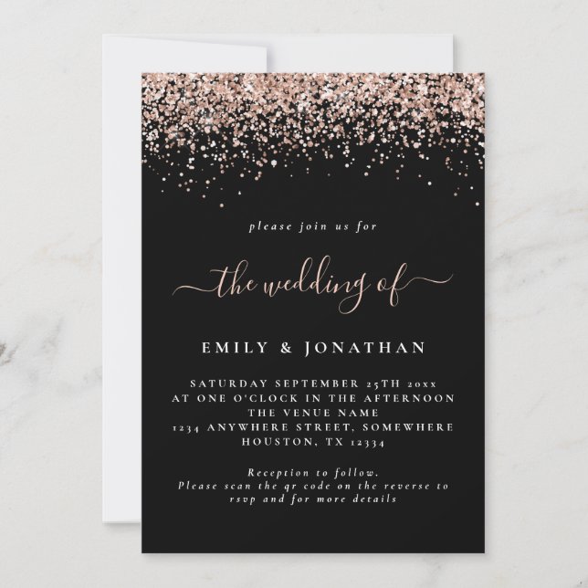 Invitación Glam Rosa Purpurina de oro Código QR Boda negro (Anverso)