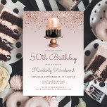 Invitación Glam Rosa Purpurina de Oro Pastel 50 cumpleaños<br><div class="desc">En esta moderna invitación de 50 años se degusta una torta rosa y chocolate con un Relieve metalizado de imitación de oro rosa en un purpurina de imitación de oro brillantemente rosa y un fondo sombrío. Las palabras "50th Birthday" y el nombre del invitado de honor aparecen en un oscuro...</div>