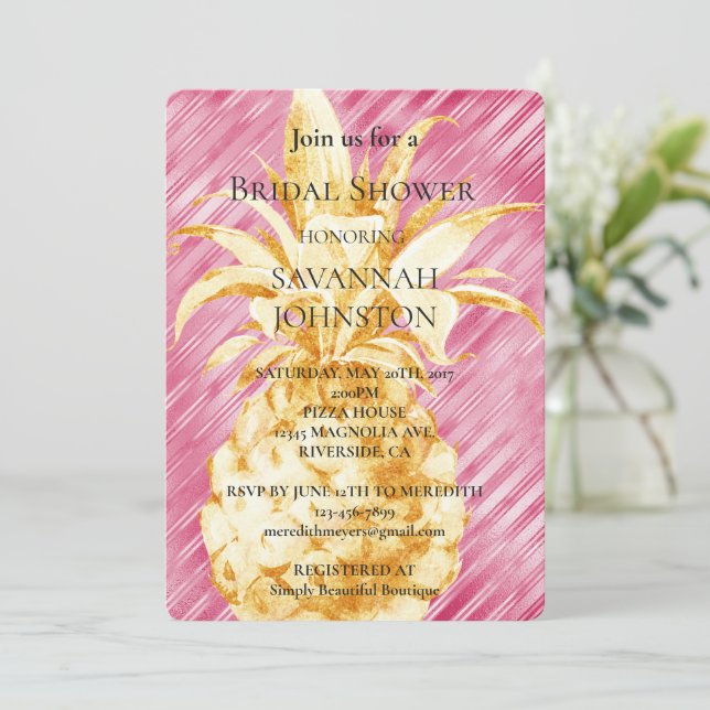 Invitación Glam Rosa Stripes Gold Pineapple Brilla Ducha (Anverso de pie)