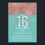 Invitación Glam Rosa Verde azulado Purpurina de oro bloque de<br><div class="desc">Esta glamorosa y moda Sweet 16 es el diseño perfecto para un evento brillante y moderno. Su diseño se compone de una elegante y moderna secuencia de purpurinas rosa dorado brillante, estampada en imitación, un bloque de color de corte artístico encima de un simple fondo azul verde azulado brillante. La...</div>