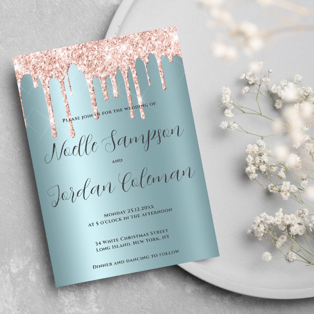 Invitación Glam rosa verde azulado purpurina de oro goteo bod (Glam teal rose gold glitter drips script wedding)