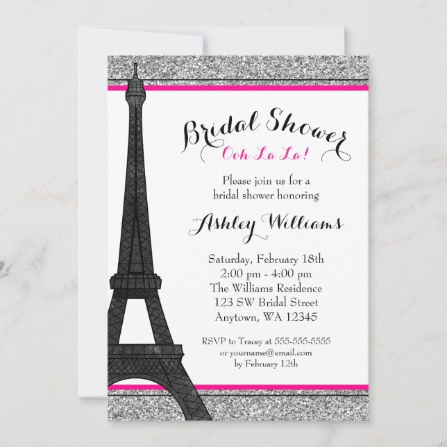 Invitación Glam Rosado Caliente Ducha de Novias de París (Anverso)