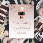 Invitación Glam Rose Gold Glitter Cake 70th Birthday Party<br><div class="desc">This trendy 70th birthday invitation features a blush pink and chocolate cake dripping with rose gold faux foil on a sparkly rose gold faux glitter and ombre background. The words "70th Birthday" and the name of the guest of honor appear in dark rose casual handwriting script, with the rest of...</div>