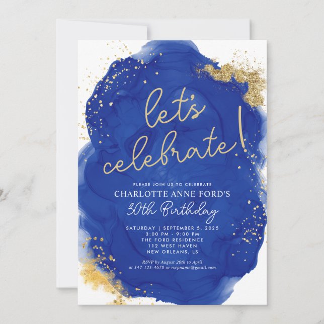 Invitación Glam Royal Blue Gold Purpurina Alcohol Ink Cumplea (Anverso)