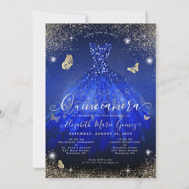 Invitación Glam Royal Blue Gold Purpurina Gown Quinceanera (Anverso)