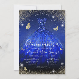 Invitación Glam Royal Blue Gold Purpurina Gown Quinceanera