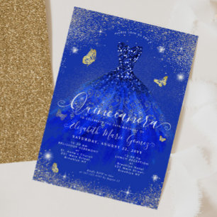Invitación Glam Royal Blue Gold Purpurina Gown Quinceanera