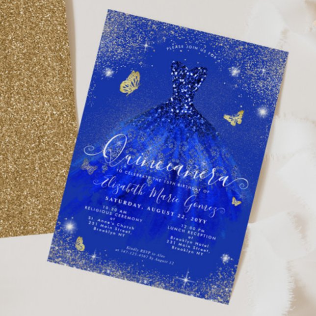Invitación Glam Royal Blue Gold Purpurina Gown Quinceanera (Subido por el creador)