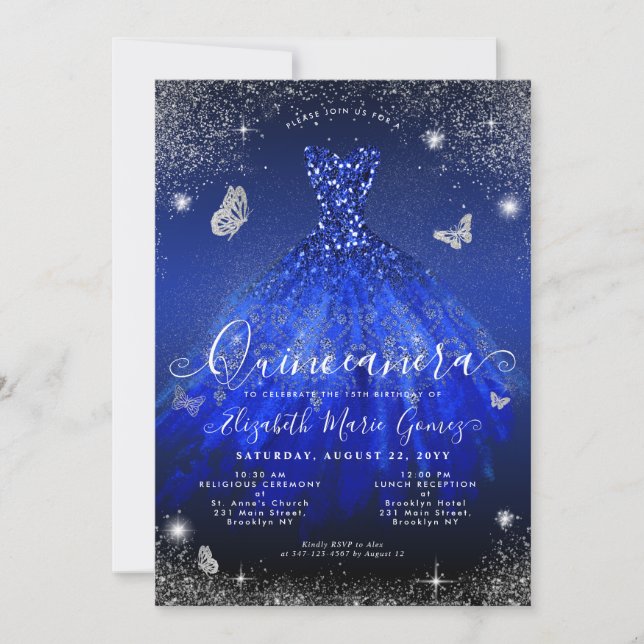 Invitación Glam Royal Blue Silver Purpurina Gown Quinceanera (Anverso)