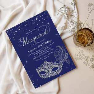 Invitación Glam Royal Blue Silver Purpurina Masquerade Cumple
