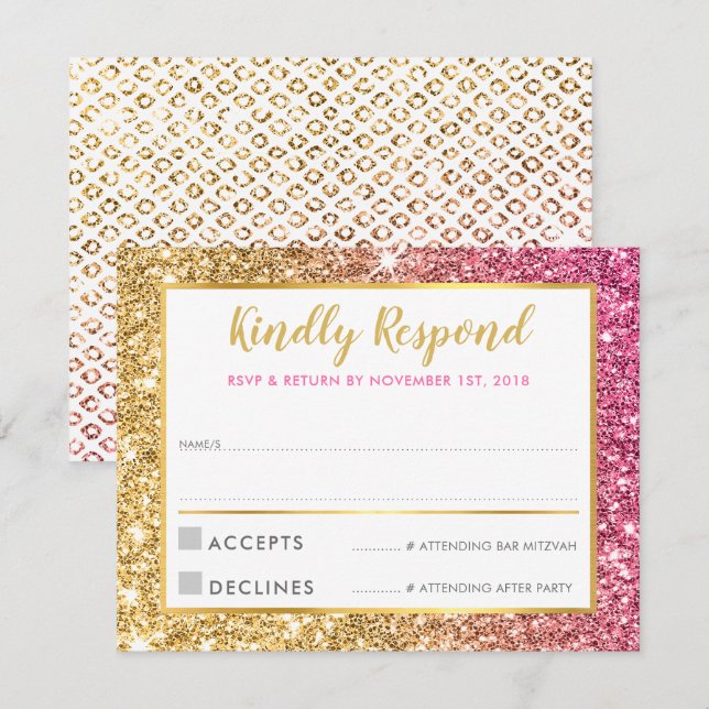 Invitación GLAM RSVP RESPUESTA purpurina oro rosa de lujo fre (Anverso / Reverso)