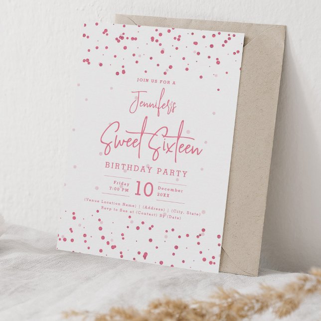 Invitación Glam Rubor Faux Relieve metalizado Rosa Dots Sweet (Glam Blush Pink Faux Foil Dots Sweet 16 Party Invitation)