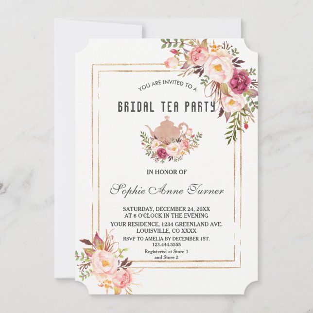 Invitación Glam Rubor Pink Floral Bridal Shower Tea Fiesta (Anverso)