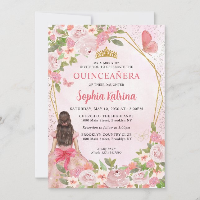 Invitación Glam Rubor Pink Gold Floral Princesa Quinceañera (Anverso)