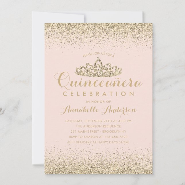 Invitación Glam Rubor Pink Quinceañera Gold Tiara Purpurina (Anverso)