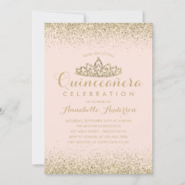 Invitación Glam Rubor Pink Quinceañera Gold Tiara Purpurina