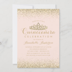Invitación Glam Rubor Pink Quinceañera Gold Tiara Purpurina