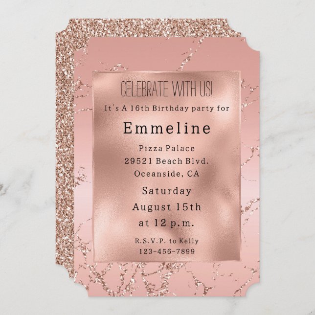 Invitación Glam Rubor Pink Rose Gold Purpurina (Anverso / Reverso)