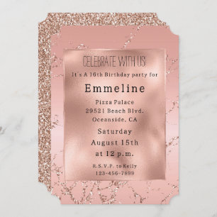 Invitación Glam Rubor Pink Rose Gold Purpurina