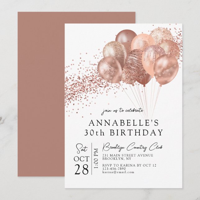 Invitación Glam Rubor Pink Rose Gold Purpurina Balloon Cumple (Anverso / Reverso)