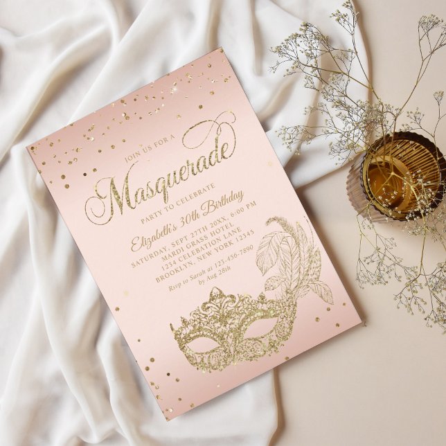 Invitación Glam Rubor Purpurina de oro rosado Mascarada Cumpl (Subido por el creador)