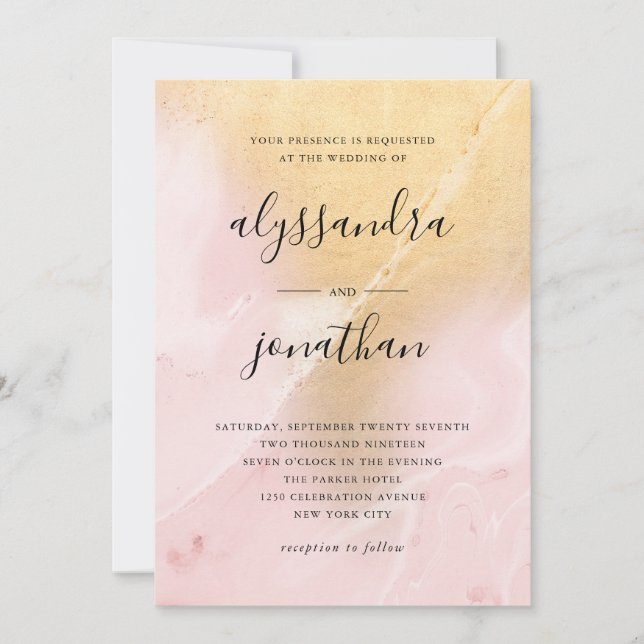 Invitación Glam Rubor Rosa and Gold Marble Look | Boda (Anverso)