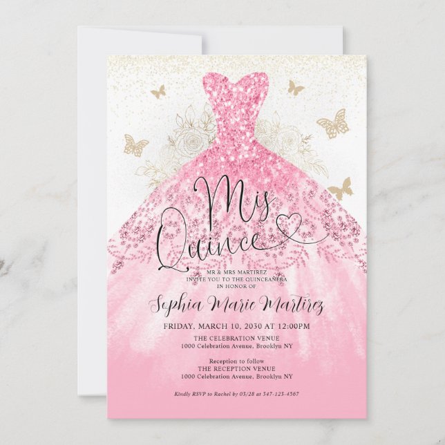 Invitación Glam Rubor Rosa Dress Mis Quince (Anverso)