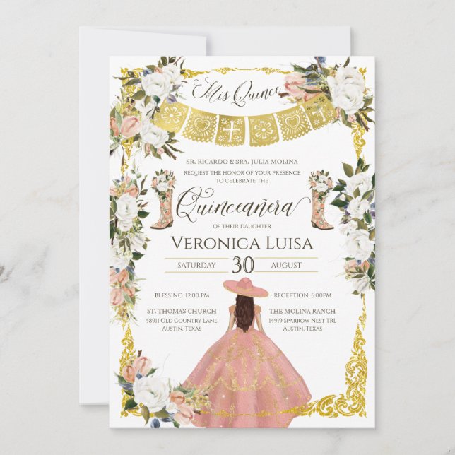 Invitación Glam Rubor White Gold Charro Floral Quinceañera (Anverso)