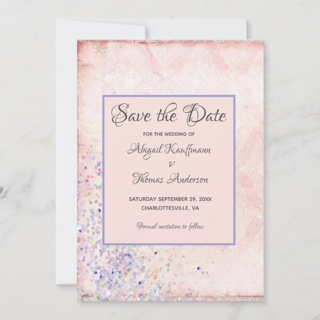 Invitación Glam Shabby Chic Pink White Purple Sparkles (Anverso)